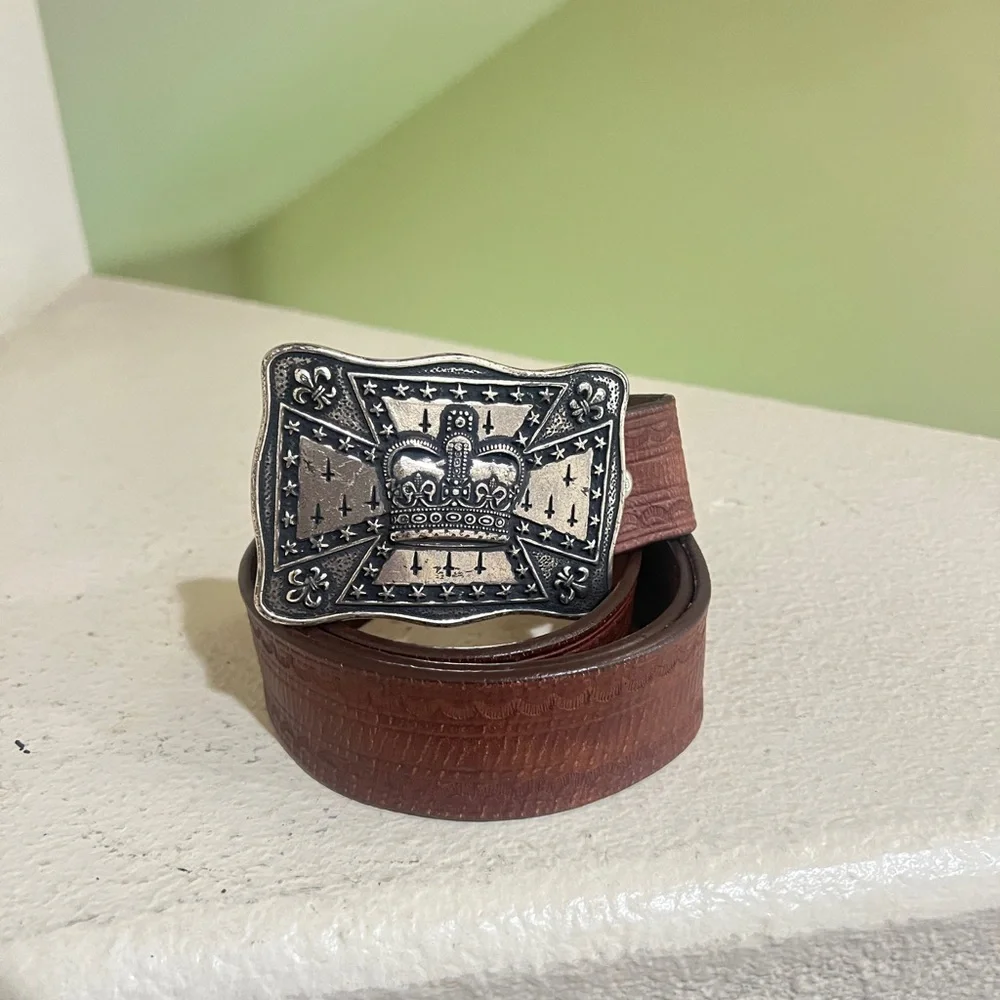 VNTG Genuine Brown Leather Belt Silver Buckle‎ Fit For a King Crown western